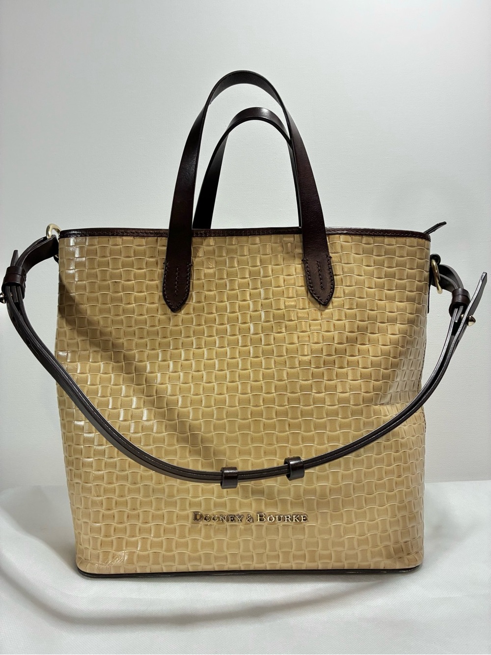 Dooney & Bourke Embossed Leather Tote Crossbody Bag Beige Brown